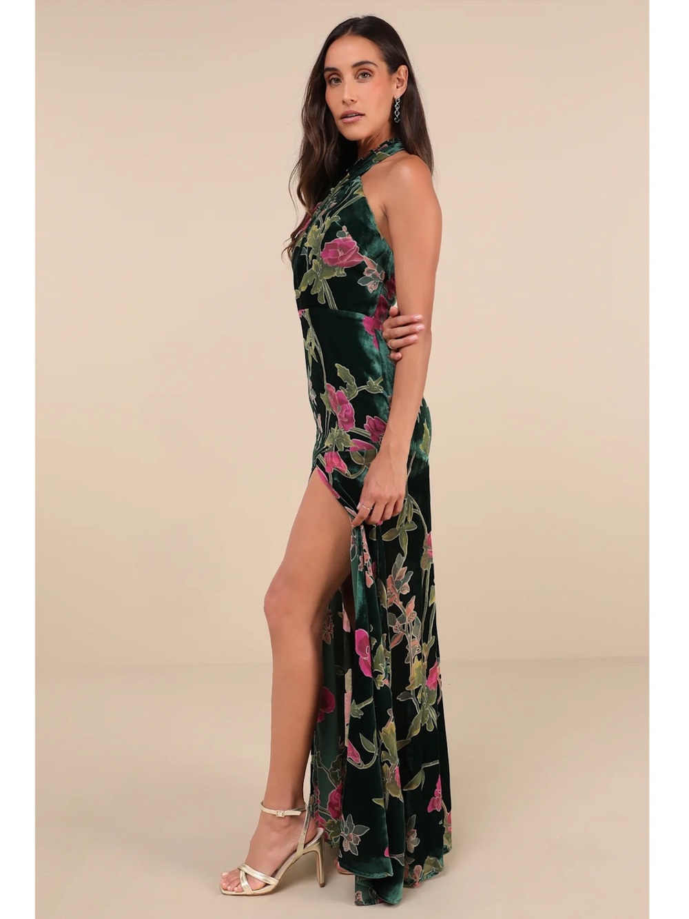 Lulus Flawlessly Gorgeous Green Burnout Floral Halter Velvet Maxi Dress Event S - Picture 3 of 15
